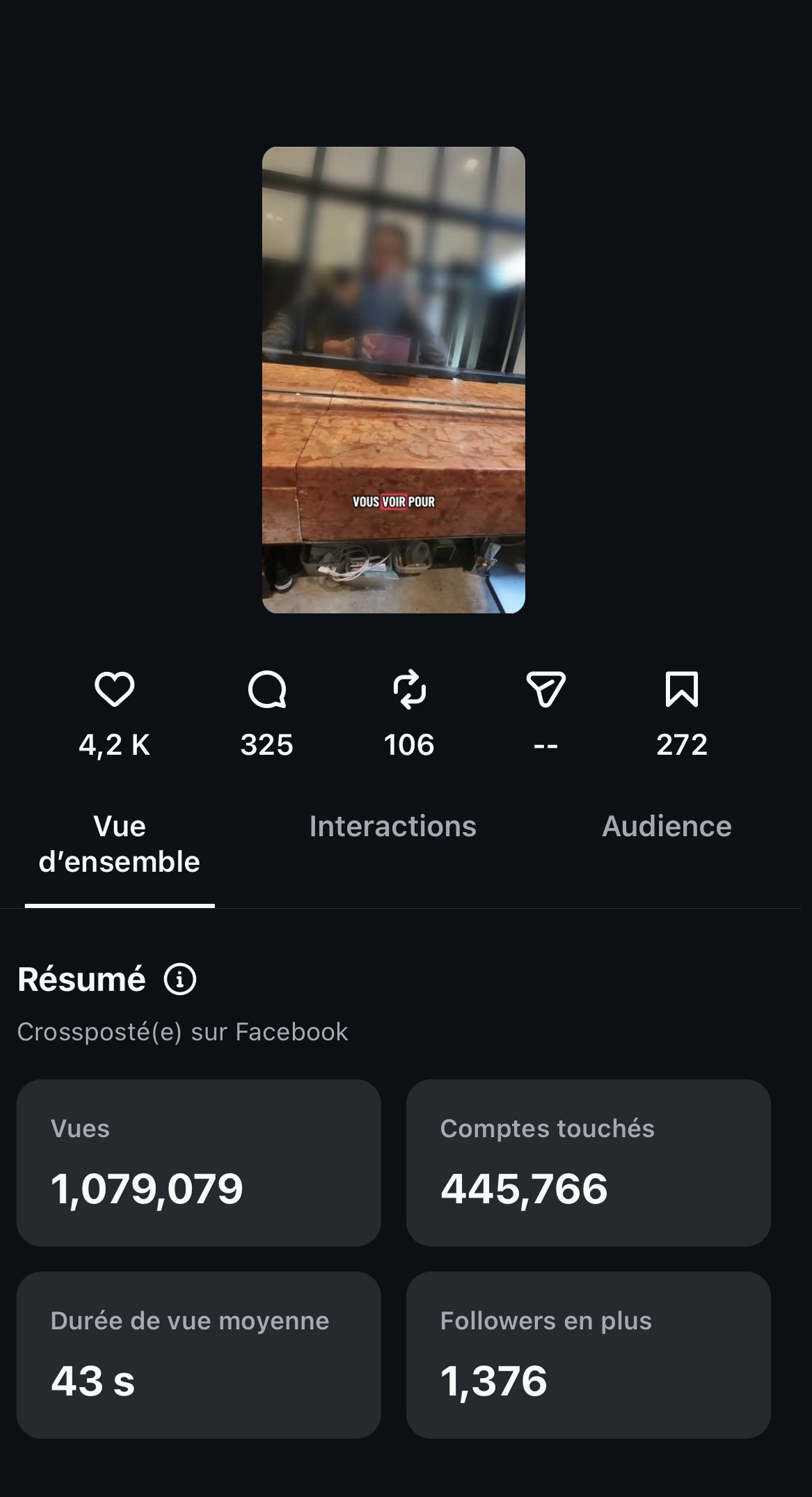 Insights Instagram Europiece D'or — 1 079 079 vues, 445 766 comptes touchés, 1 376 followers en plus