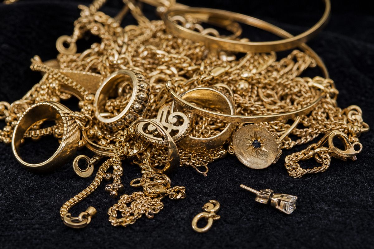 Bijoux en or cassés et chaînes entremêlées