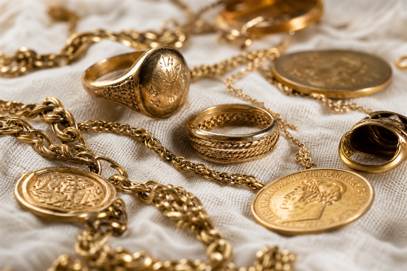 Bijoux en or et pièces sur lin — nature morte éditoriale